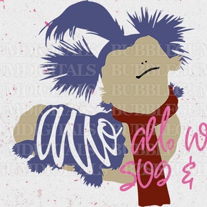 May include: A blue and brown cartoon character with blue hair wearing a red scarf. The text "Who else wears  SVG & PNG" is written in pink.