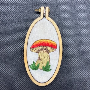 Mushroom mini embroidery hoop pendant