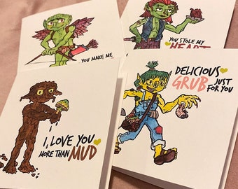 Mini Goblin Valentines | 3.75"x3.75" Card & Green Envelope