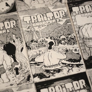 Może przedstawiać: Stos czarno-białych komiksów z tytułem "Traitor" i numerem rozdziału. Komiksy są w tym samym stylu i mają podobny projekt.