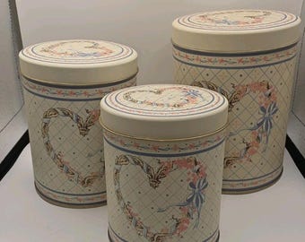 Vintage 1989 Lloyd Beige Nesting Canister Set of 3 Hearts Ribbons
