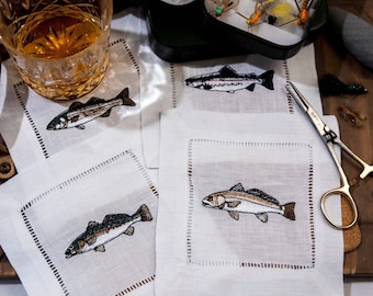 Embroidered Fish Cocktail Napkins | Set of Four Linen Blend, Personalized