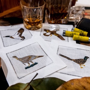 Custom Embroidered Cocktail Napkins |  Sportsman |  Set of Hunting Birds | Embroidery | Gentleman gifts | Man Gift Personalized| Bar | Him