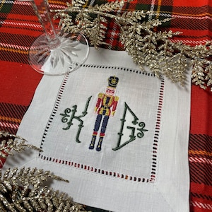 Monogrammed Linen Cotton Napkin | Embroidered Nutcracker, Christmas Gift