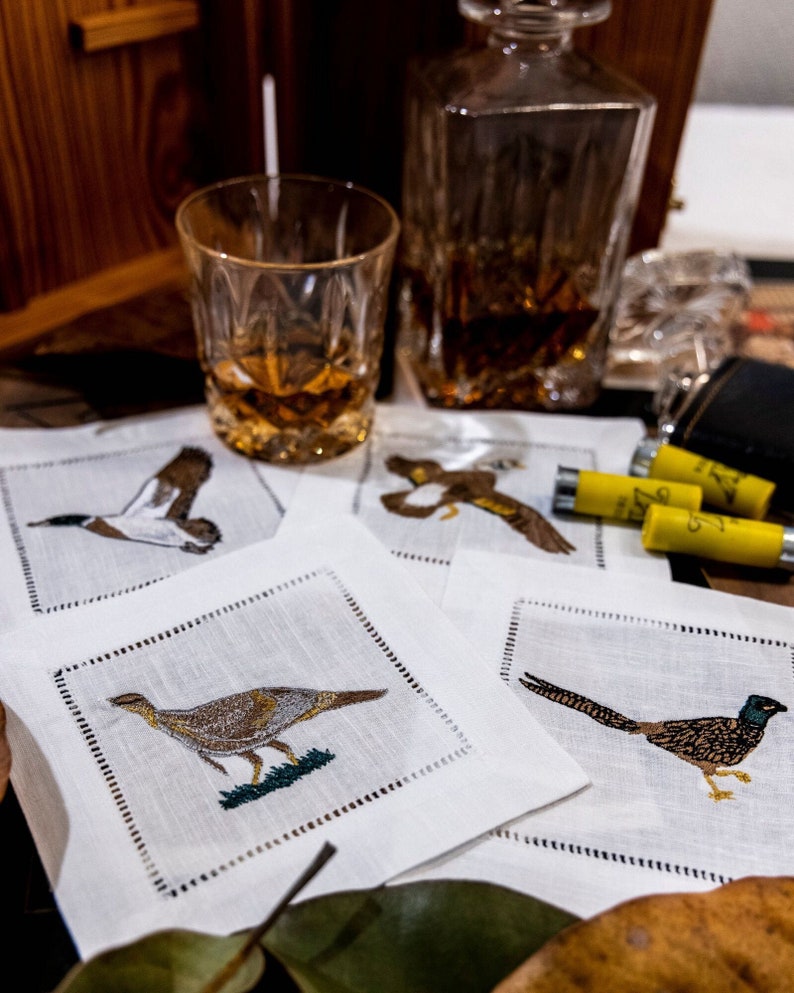 Custom Embroidered Cocktail Napkins | Sportsman | Set of Hunting Birds | Embroidery | Gentleman gifts | Man Gift Personalized| Bar | Him