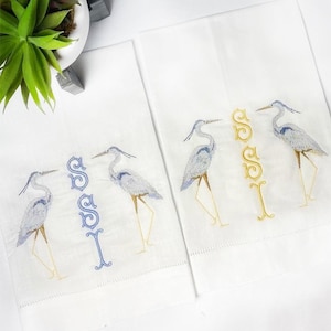 Heron Monogrammed Hand Towel |  Gift |  Gift for Her |  Tea towel | Coastal | Gifts|  Bird | Mother |  Guest |  Hostess Gift |