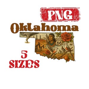 Clipart staat Oklahoma, png – Route 66, Indiaanse kunst, olieboortorens – tornadoscène – vintage western afdrukbaar voor sublimatie en ambachten