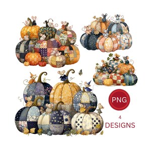 Peut inclure: Illustration à l'aquarelle de quatre modèles de citrouilles. Chaque citrouille est décorée de motifs patchwork et surmontée de petites souris. Les citrouilles sont dans les tons orange, bleu et jaune, avec des vignes et des feuilles vertes.