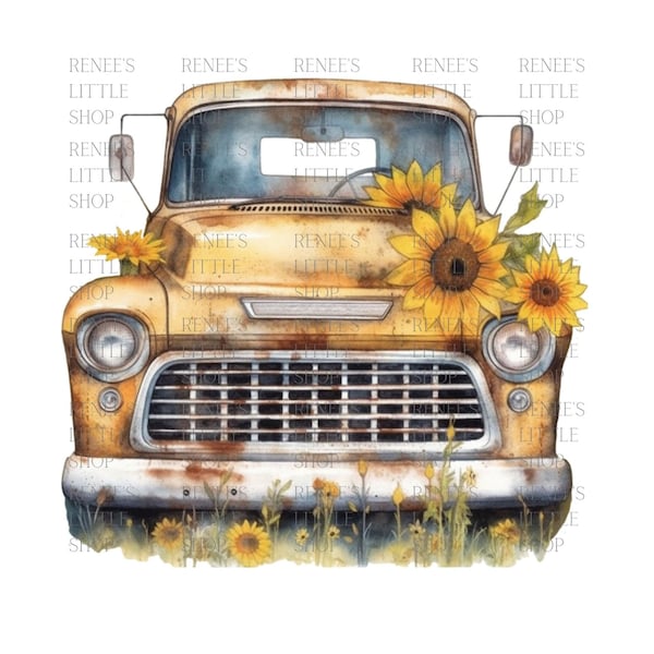 Rusty Vintage Truck Grown Over With Sunflowers PNG Download