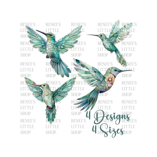 Mosaic Style Teal Colored Hummingbirds Clip Art PNG Digital Download