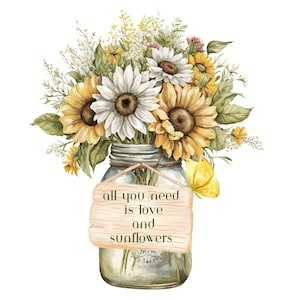 Zonnebloemboeket in Mason Jar png, vintage bloemenillustraties, rustieke liefdesteken sublimatie digitale download