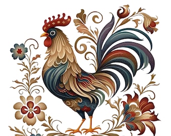 Floral Rooster PNG Clipart, Sublimation Design (Digital Download)