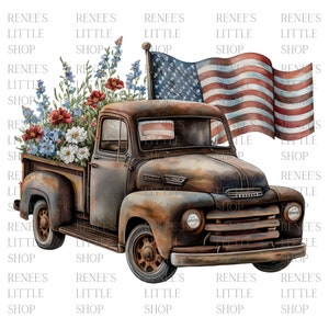 Vintage Rusted Red Pick Up Truck with Flowers and American Flag Digital Download PNG Files - 300 DPI for Sublimation, Heat Press, and