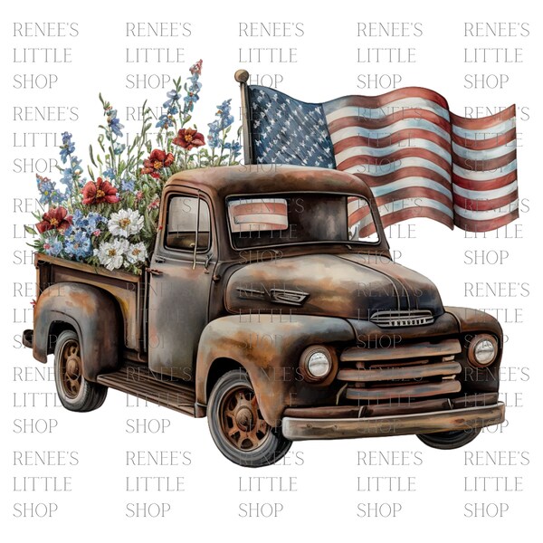 Vintage Red Truck with Flowers & American Flag PNG (Digital Download)