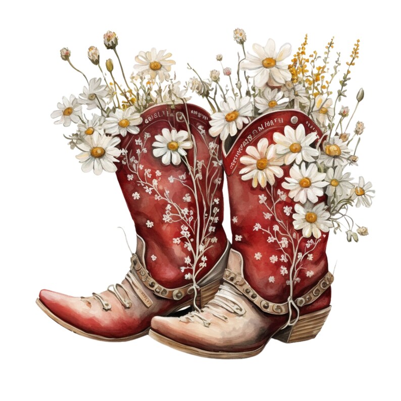 Red Cowboy Boots With White Flowers PNG Digital Download - Etsy