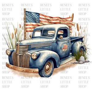 Vintage Blue Truck with American Flag – Patriotic PNG Files (Digital Download)