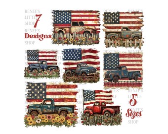 Vintage Patriotic Truck Clipart Bundle: Rustic American Flag (Digital Download)