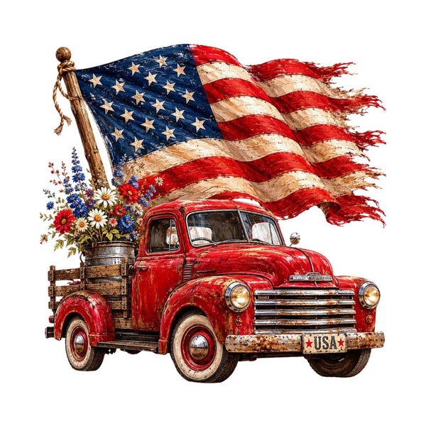 Patriotic Vintage Truck PNG, Americana Farmhouse Truck Clipart, Rustic American Flag Sublimation Design, 4th of July Folk Art