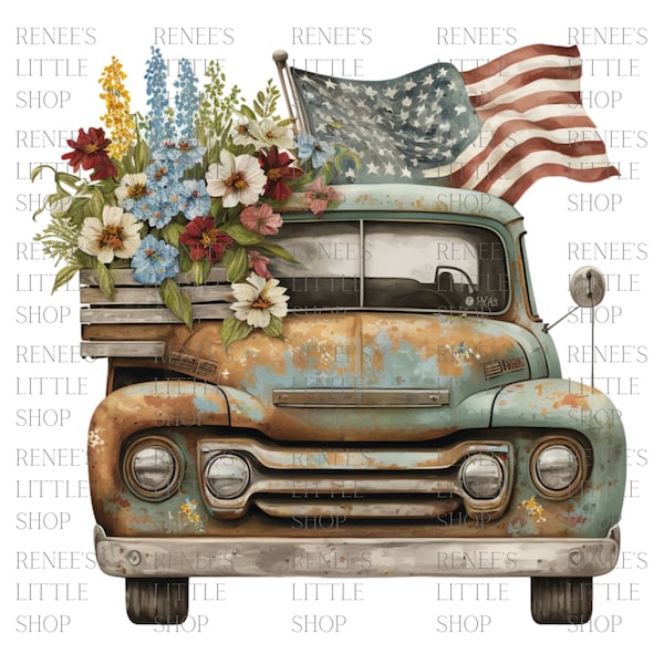 Vintage Truck American Flag Flowers PNG – Patriotic Digital Download