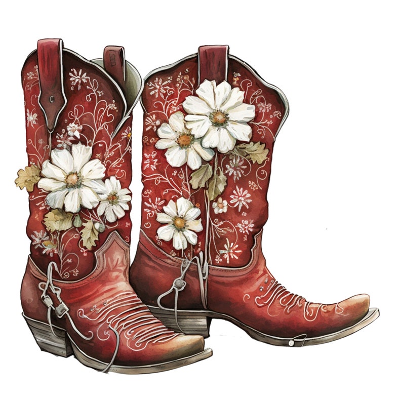 Red Cowboy Boots With White Flowers PNG Digital Download - Etsy