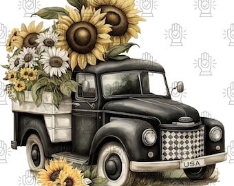 Vintage Black Truck Sunflower Overload PNG Files for Sublimation, Heat Press, Iron-On, Cutting Machines - Instant Download - Commercial Use