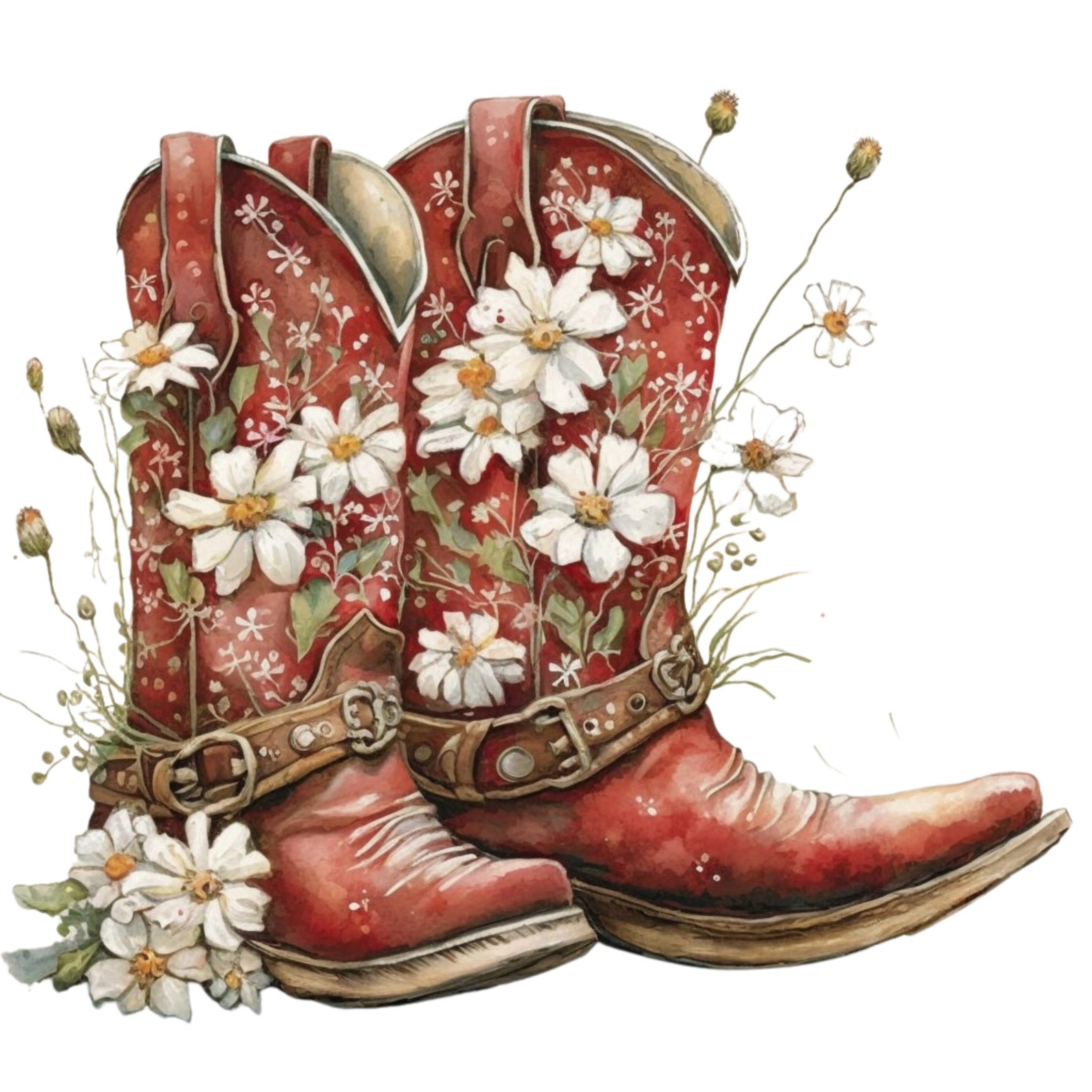 Red Cowboy Boots With White Flowers PNG Digital Download - Etsy