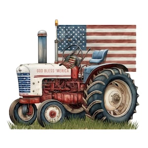 May include: A red, white, and blue tractor with the words "God Bless 'Merica" on the side. The tractor is in a field with a small American flag behind it.
