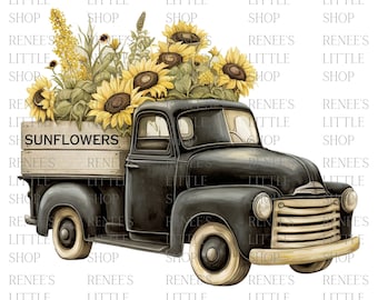 Vintage Truck and Sunflowers PNG Bundle - High Quality Digital Download for Crafts and Personalization - Commercial Use Allowed