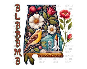 Alabama State Art – Floral Bird & Rocket PNG Clipart (Digital Download)