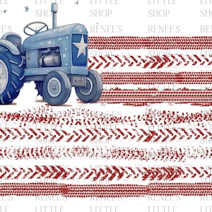 May include: A blue tractor with a white star on the side, driving over a red, white, and blue American flag design. The flag is made of tire tracks.