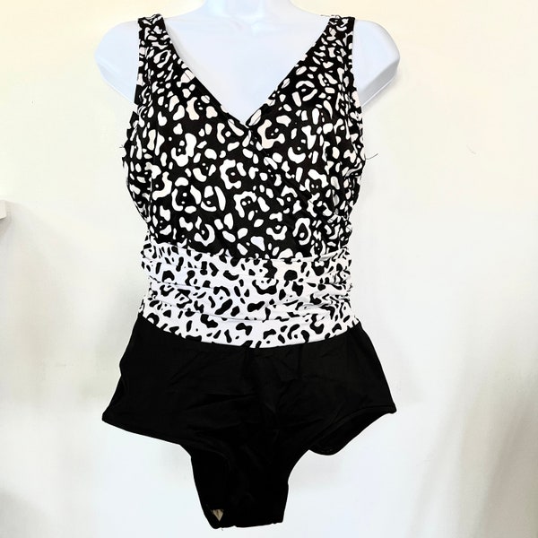 Vintage Catalina One Piece Swimsuit Size 14 Black White Cheetah Animal Print