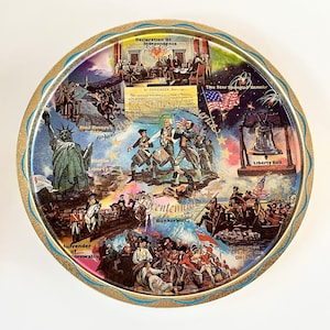 Vintage American Bicentennial USA Plate green tin collectible tray souvenir gift platter retro Americana decor art