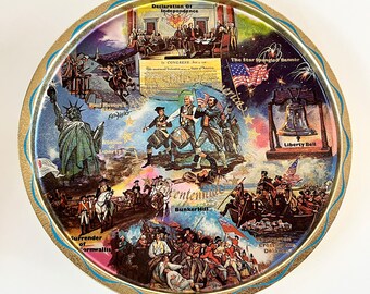 Vintage American Bicentennial USA Plate green tin collectible tray souvenir gift platter retro Americana decor art