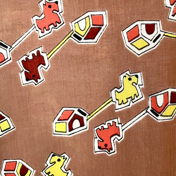 Vintage Mod MCM fabric 46” x 57” polyester sateen animal puppy dog 70s 80s retro apparel sewing clothing children kids fabric