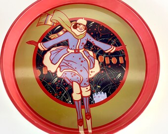 Department 56 Winter Carnival Tin Platter Ice Skater Vintage Retro Collectible Dept Metal Serving Plate Dept 56