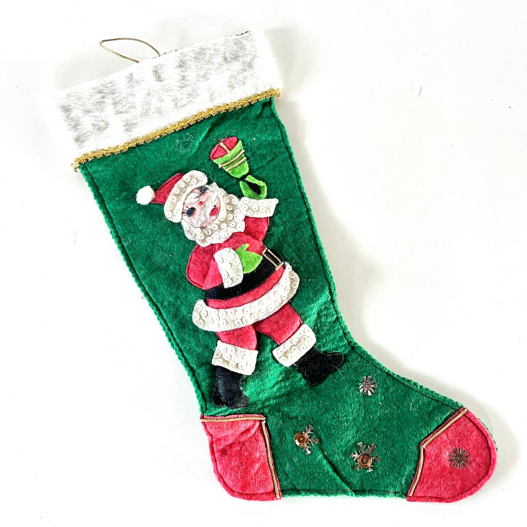 Vintage Felt Christmas Holiday Stocking Embellished Retro Heirloom Stitched Decor Handmade 60s