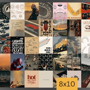 Puede incluir: Un collage de carteles e imágenes de carreras de Fórmula 1. La colección incluye impresiones de estilo vintage, coches de carreras, diseños de pistas y retratos de pilotos. El tamaño es de 20,32 x 25,4 cm.