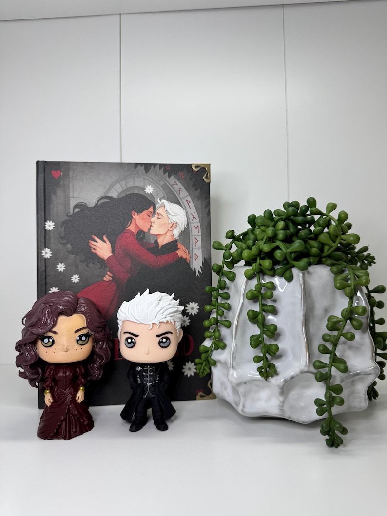 Może przedstawiać: Kompozycja z dwiema figurkami Funko Pop, książką i białym ceramicznym pojemnikiem na rośliny z wiszącą zieloną rośliną. Figurki przedstawiają postacie z książki. Okładka książki przedstawia dwie osoby obejmujące się. Doniczka ma unikalny, teksturowany design.