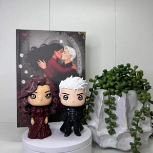 Może przedstawiać: Dwie figurki Funko Pop, jedna z bordowymi włosami i sukienką, druga z białymi włosami i czarnym strojem, stoją na białej platformie. Za nimi książka z całującą się parą na okładce. Po prawej stronie biała ceramiczna donica z zieloną rośliną.