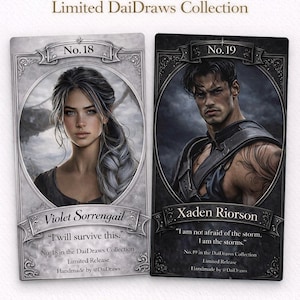 May include: Two character cards from the Limited DaiDraws Collection. Card No. 18 features Violet Sorrengail, and card No. 19 features Xaden Riorson. Each card has a portrait and a quote. The cards are handmade.