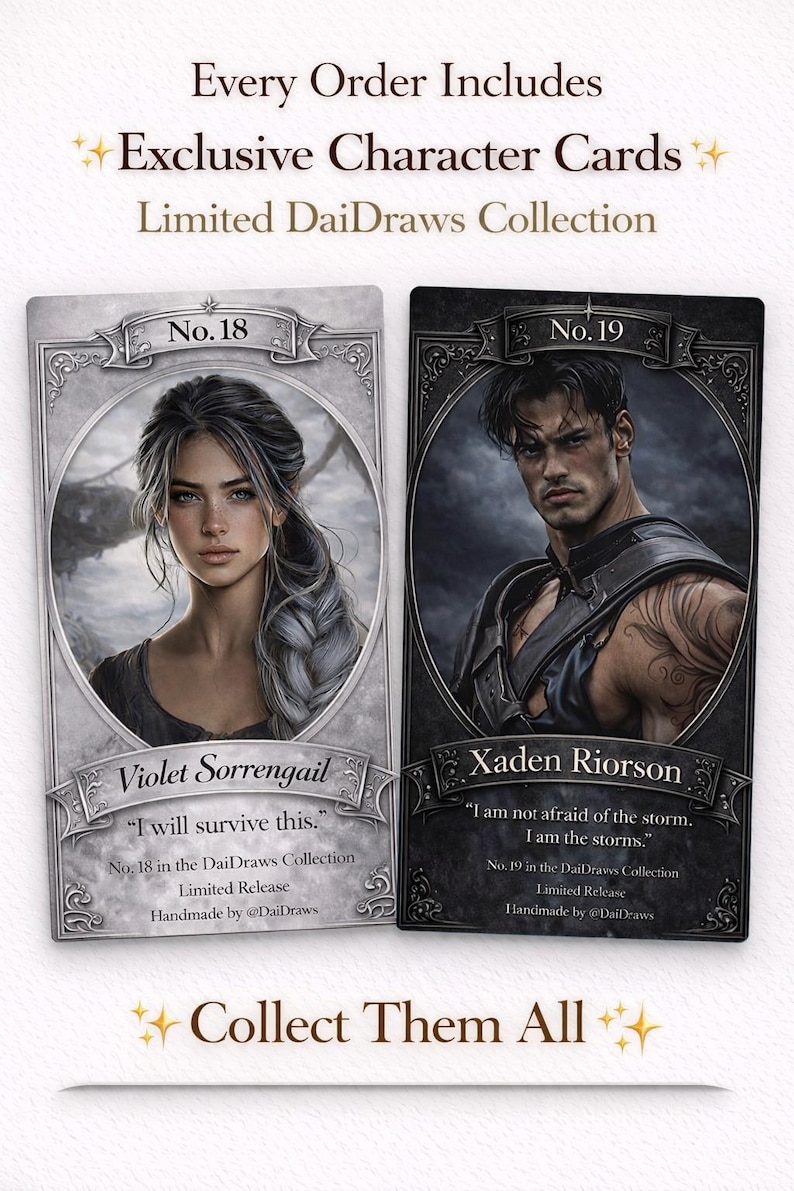 May include: Two character cards from the Limited DaiDraws Collection. Card No. 18 features Violet Sorrengail, and card No. 19 features Xaden Riorson. Each card has a portrait and a quote. The cards are handmade.