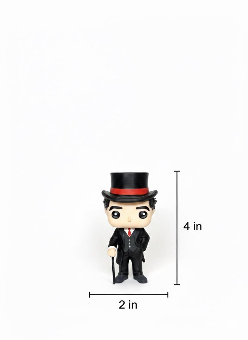 Puede incluir: Figura de un hombre con traje negro, corbata roja y sombrero de copa con una banda roja. La figura mide unos 10 cm de alto y 5 cm de ancho. La figura sostiene un bast&oacute;n. Es un objeto de colecci&oacute;n.