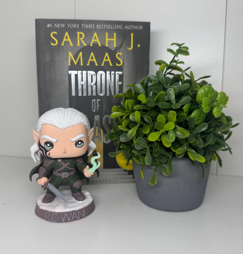K&ouml;nnte beinhalten: Eine Rowan Funko Pop-Figur steht vor einem Buch mit dem Titel "Throne of Glass" von Sarah J. Maas. Die Figur hat wei&szlig;es Haar, eine schwarze Gesichtsmarkierung und ein gr&uuml;nes Outfit. Rechts befindet sich eine kleine Topfpflanze.