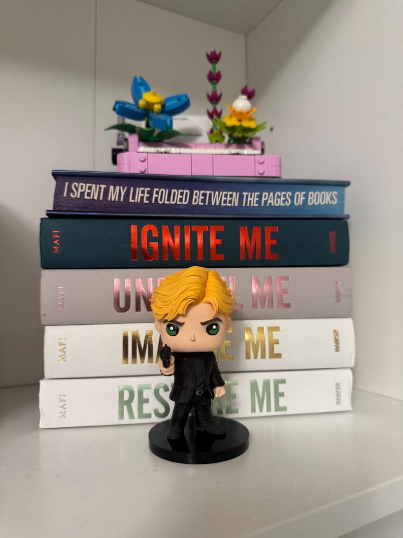Pu&ograve; includere: Una composizione su una mensola con libri, tra cui i titoli "Ignite Me" e "Unravel Me". Una statuetta di un personaggio che tiene una pistola &egrave; posizionata davanti ai libri. Fiori Lego decorano la parte superiore dei libri.
