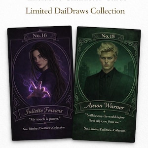 Pu&ograve; includere: Due carte personaggio della Limited DaiDraws Collection. Una carta presenta una donna con lunghi capelli scuri e il testo "Juliette Ferrars". L'altra carta presenta un uomo con i capelli biondi e il testo "Aaron Warner". Le carte hanno bordi decorativi e testo.