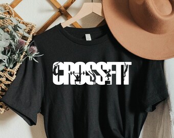 Logotipo de CrossFit con imágenes de saltos de caja, pull ups, snatch, handstand walk, rope climbs fitness camiseta personalizada. Ropa de entrenamiento para hacer ejercicio 047