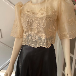May include: A beige, sheer top with floral embroidery and short, puffed sleeves. The top is paired with a black, satin skirt. The blouse features a scalloped hemline and is displayed on a mannequin.