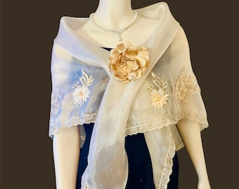 Elegant Panuelo Alampay Beautiful High Quality Filipiniana Beige, Plus size XL, XXL