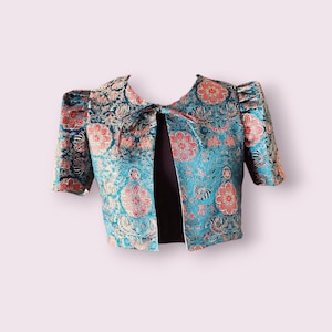 Boléro philippin philippin à fleurs bleu sarcelle, manches Imelda avec doublure en satin, taille Large pouvant convenir à une taille 8-10 US