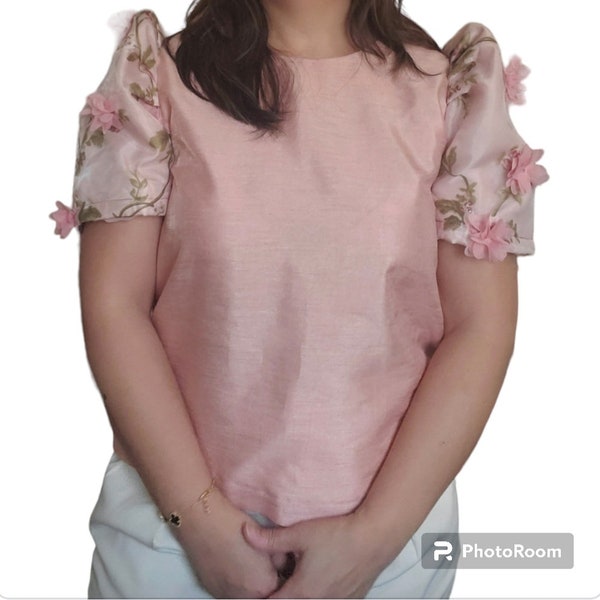 Modern Pink Filipiniana Top/Blouse with Floral sleeves